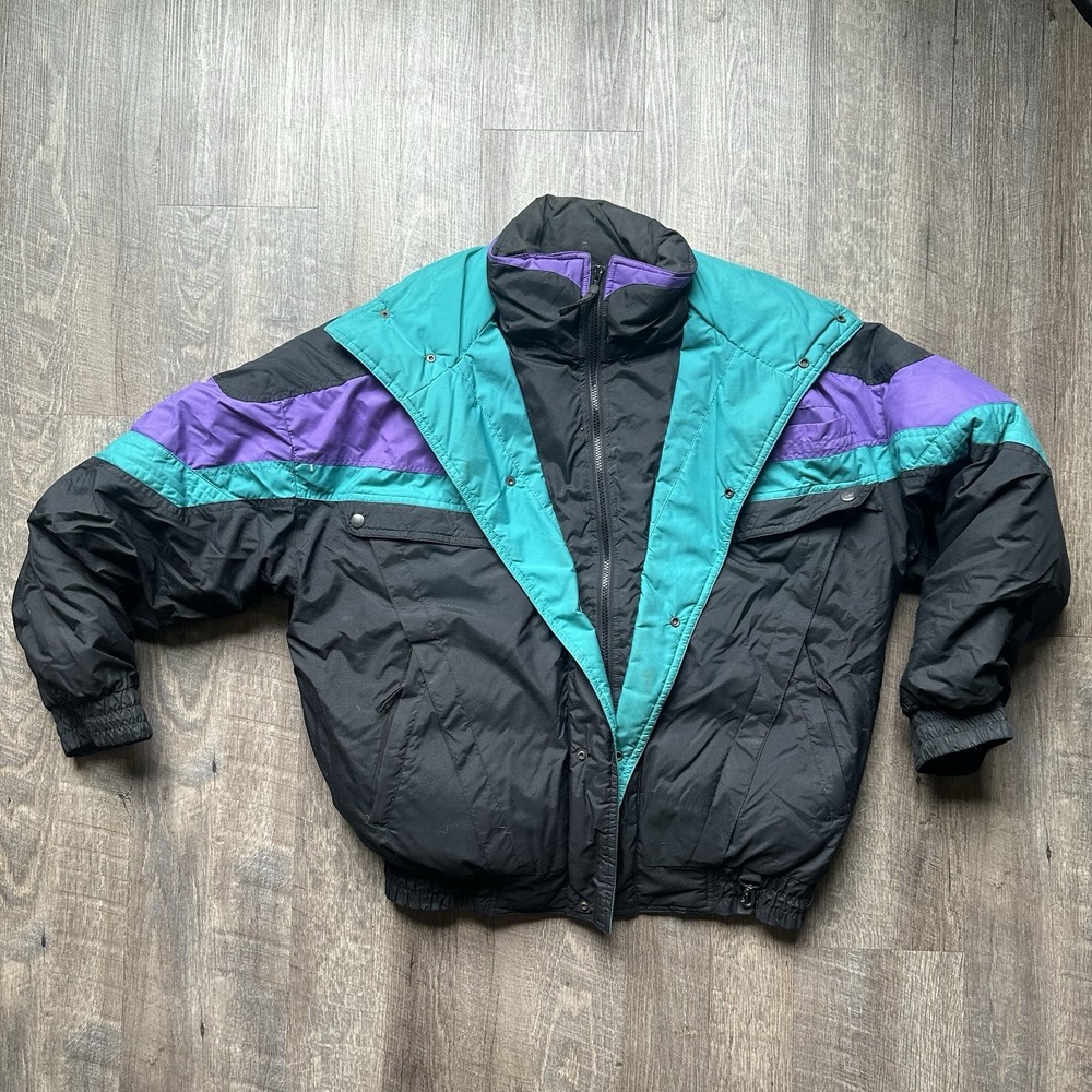 Vtg 90s Double Black Ski Jacket Lg Retro Down Colorblock Black Winter Jacket XL
